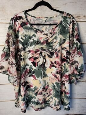 Cato Est. 1946 Brushstroke Floral Scoop Neck Tunic in Green and Pink